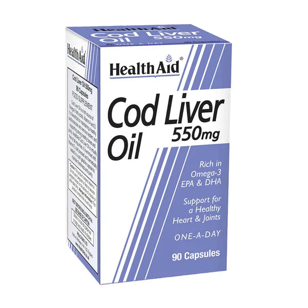 A box of HealthAid Cod Liver Oil 550 mg with 90 capsules, labeled for Omega-3 and supporting cardiovascular health, bones, and flexible joints.