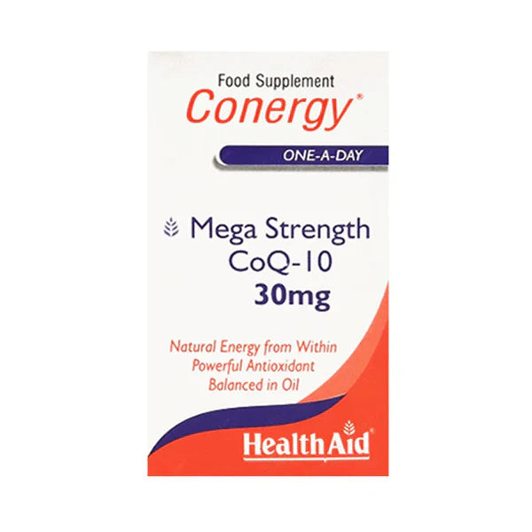 Packaging of HealthAid Conergy CoQ-10, 15 Capsules with the text 'Mega Strength CoQ-10 30mg', indicating the supplement's strength and amount per capsule.