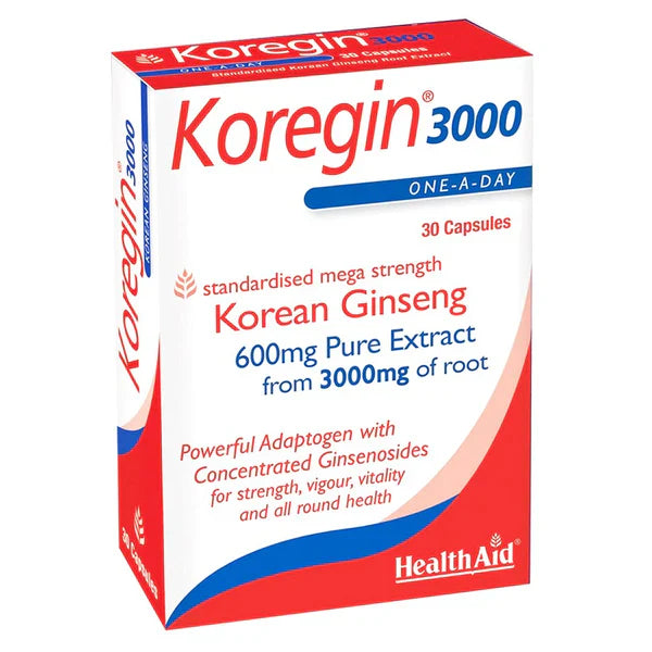 A box of HealthAid Koregin 3000 Korean Ginseng supplement capsules, with 30 capsules inside.