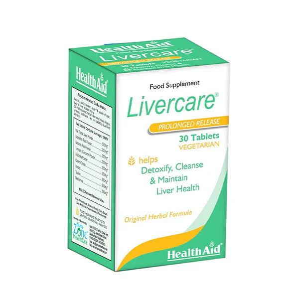 Packaging of HealthAid Livercare, containing 30 tablets for detoyifying, cleansing, and maintaining liver health.