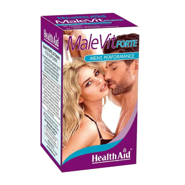 Packaging of HealthAid MaleVit Forte, showing the product box with a couple kissing on the front, and product details.