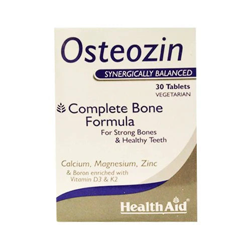 Packaging of HealthAid Osteozin, which contains 30 tablets for strong bones and healthy teeth, highlighting key ingredients such as calcium, magnesium, zinc, and vitamin D.