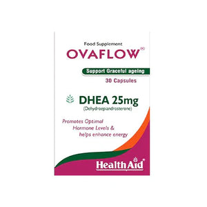 Packaging for HealthAid Ovaflow DHEA 25mg, 30 capsules with branding and product information.