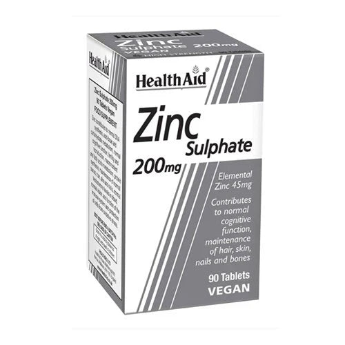 HealthAid Zinc Sulphate supplement packaging, containing 90 tablets, with a dosage of 200mg per tablet. The box is black and white with text detailing product information.