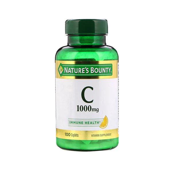 A bottle of Nature's Bounty Vitamin C 1000mg with 100 veg caplets, predominantly green and white with product information and branding.