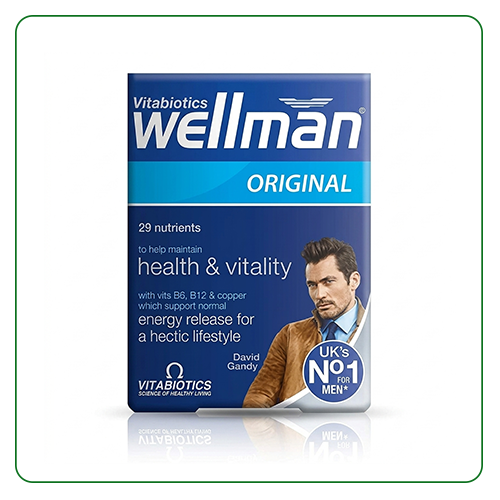 Vitabiotics Wellman Original supplement packaging with a man on the label.