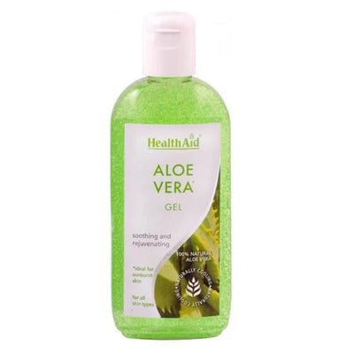 HealthAid Aloe Vera Gel in a clear plastic bottle with a white dispenser cap, labeled as soothing and hydrating for face, hands, and body.