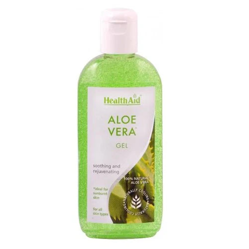 HealthAid Aloe Vera Gel in a clear plastic bottle with a white dispenser cap, labeled as soothing and hydrating for face, hands, and body.