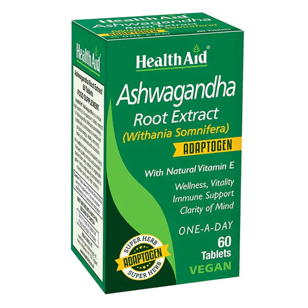 A box of HealthAid Ashwagandha Root Extract with 60 tablets, labeled as vegan and gluten-free.