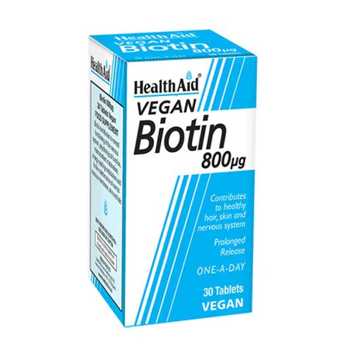 HealthAid Biotin 800µg vegan tablets packaging box containing 30 tablets, with information about the product being sugar-free, gluten-free, and suitable for vegetarians.