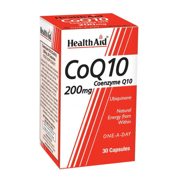 Box of HealthAid CoQ10 200mg capsules, containing 30 capsules, for dietary supplement.