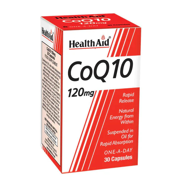A box of HealthAid CoQ10 dietary supplement with 120 capsules, suspended in rice bran oil. The packaging is predominantly red and white with text detailing the product's benefits and dosage information.