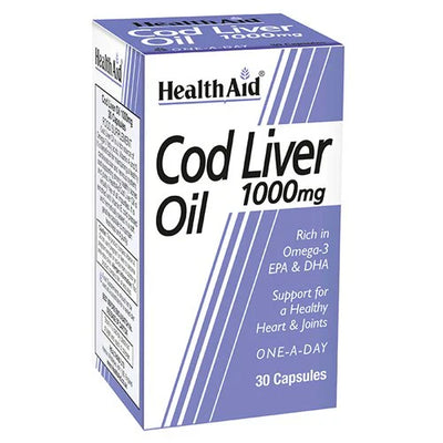 Box of HealthAid Cod Liver Oil 1000 mg capsules with 30 capsules inside. The packaging is blue and white, with product information and branding.