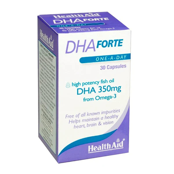 A box of HealthAid DHA Forte fish oil capsules, labeled as having 30 capsules and 250mg DHA per capsule. The box is purple and white with text detailing product information.