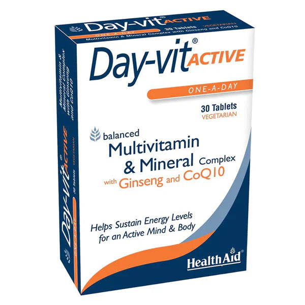 A box of HealthAid Day-vit Active multivitamin and mineral complex with CoQ10 and ginseng, balanced for energy levels, containing 30 vegetarian tablets.
