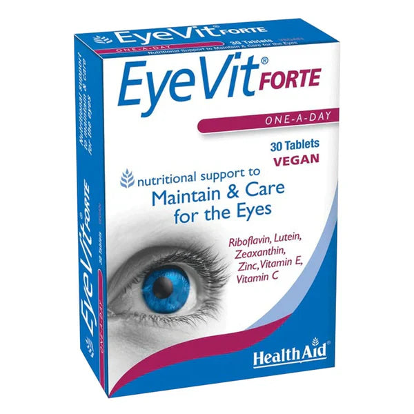 A box of HealthAid EyeVit Forte, containing 30 vegan tablets for maintaining and caring for the eyes, with an image of a human eye on the front.