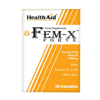 Packaging of HealthAid Fem-X Forte, containing 30 capsules, with Evening Primrose Oil and Vitamin E.