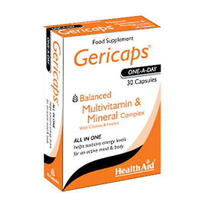 A box of HealthAid Gericaps, which are food supplements containing 30 capsules for adults and children over 12 years of age.