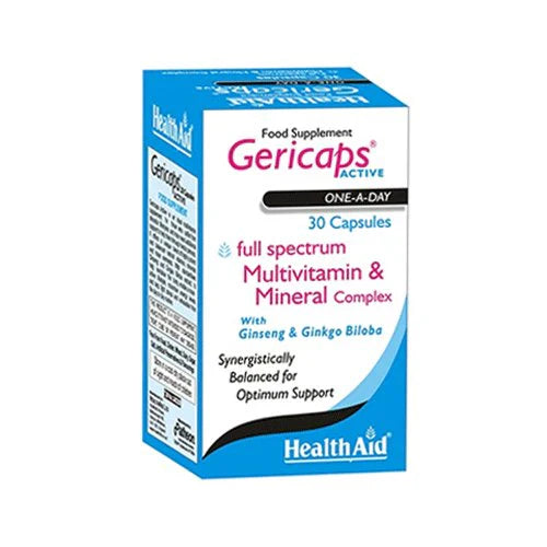A box of HealthAid Gericaps Active multivitamin and mineral complex capsules with added ginseng and Ginkgo Biloba.