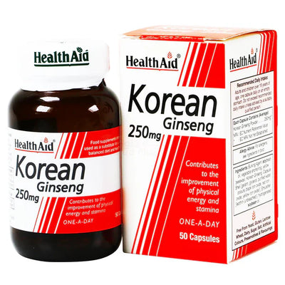 HealthAid Korean Ginseng 250mg capsules bottle and packaging box with 50 capsules, indicating the product is for boosting energy and vitality.