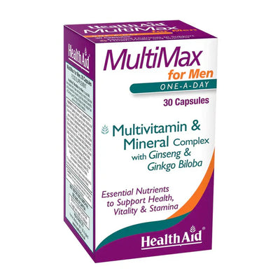 Box of HealthAid MultiMax for Men, containing 30 capsules, with additional information about the product being a multivitamin and mineral complex with ginseng and ginkgo biloba.