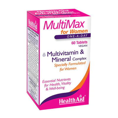 A box of HealthAid MultiMax for Women multivitamin and mineral complex, with 60 vegan tablets, specially formulated for women.