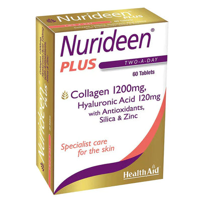 Box of HealthAid Nurideen Plus tablets, with key ingredients listed on the box such as Collagen, Hyaluronic Acid, Silica & Zinc, and a dosage instruction of 2-120 mg.