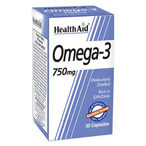 A box of HealthAid Omega-3 750 mg supplements with 30 capsules. The packaging is primarily blue and white with product information and branding visible.