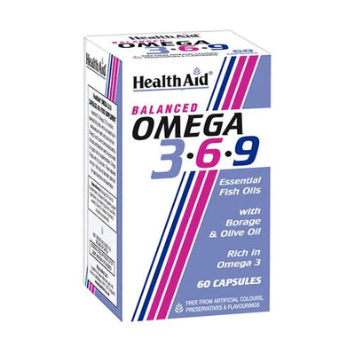 A box of HealthAid Omega 3-6-9 capsules, with the product information visible on the front panel.