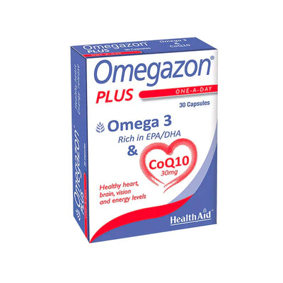 Packaging of HealthAid Omegazon Plus capsules, which are dietary supplements containing Omega-3 and CoQ10.