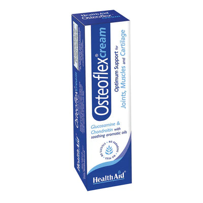HealthAid Osteoflex Cream packaging, which is a tube of joint and cartilage support cream with key ingredients listed on the box.