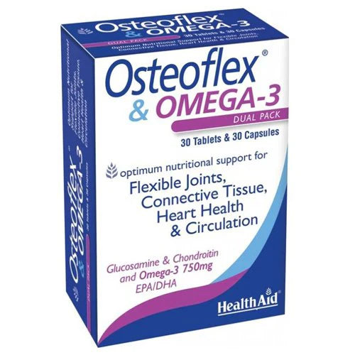 Packaging for HealthAid Osteoflex & Omega-3, containing 30 tablets and 30 capsules for joint support and heart health.