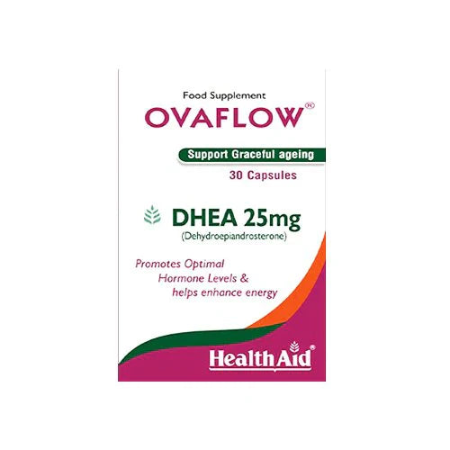 Packaging for HealthAid Ovaflow DHEA 25mg, 30 capsules with branding and product information.