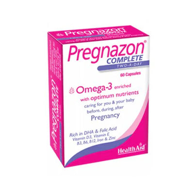 A box of HealthAid Pregnazon Complete with Omega 3, 60 capsules, highlighting the product as a pregnancy supplement.