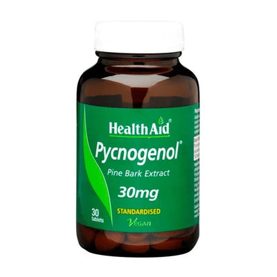 HealthAid Pycnogenol Pine Bark Extract 30mg tablets in a green and white bottle with a label stating '30 tablets' and 'Vegan'.