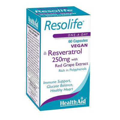 A box of HealthAid Resolife capsules, with the product details visible on the front. The box is blue and white, with additional text indicating the product contains 250mg Resveratrol with Red Grape Extract, and is vegan.