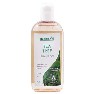 Bottle of HealthAid Tea Tree Shampoo with a pump dispenser, labeled for everyday use by the whole family, 250 ml.