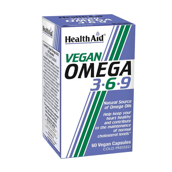 A box of HealthAid Vegan Omega 3-6-9 supplements with 60 vegan capsules, labeled as a natural source of omega 3, 6, and 9 fatty acids.