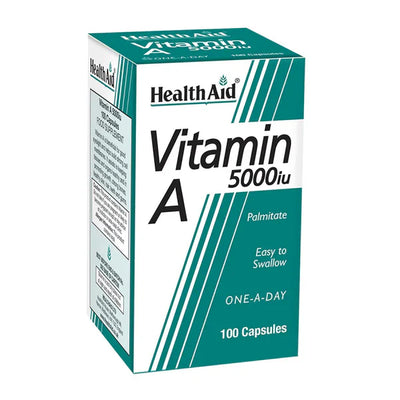 A box of HealthAid Vitamin A 5000iu capsules with 100 capsules inside.