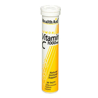 HealthAid Vitamin C 1000mg Effervescent tablets in lemon flavor, packaging is a yellow and white cylindrical container with 20 tasteful tablets.