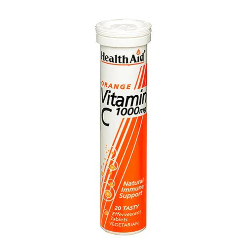 HealthAid Vitamin C 1000mg Effervescent Tablets in orange flavor, packaging shows 20 effervescent tablets.