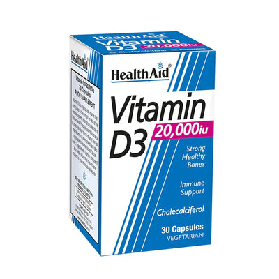 A box of HealthAid Vitamin D3 2000iu tablets, with 30 vegetarian capsules. The packaging is primarily blue and white with text detailing the product's benefits and contents.
