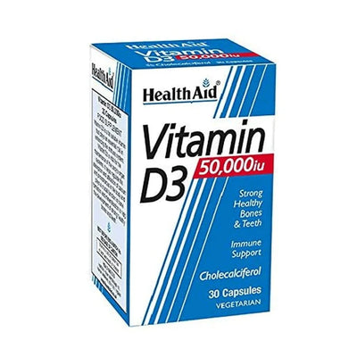 A box of HealthAid Vitamin D3 supplements with 30 vegan capsules, labeled for immune support, bones & teeth, and 5000 IU strength.