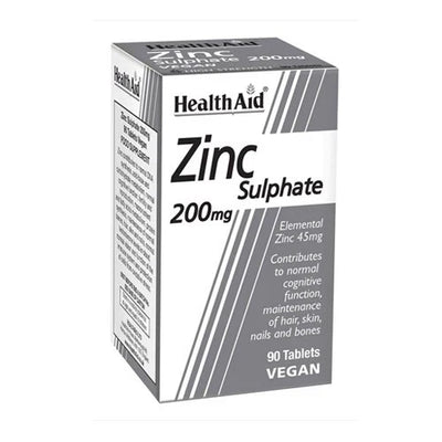 HealthAid Zinc Sulphate supplement packaging, containing 90 tablets, with a dosage of 200mg per tablet. The box is black and white with text detailing product information.