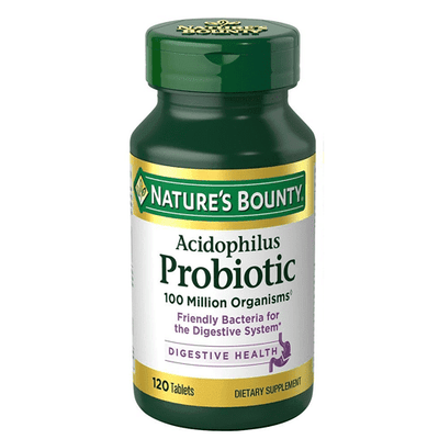 Nature's Bounty Acidophilus Probiotic tablets, 120 count in a green bottle with a label stating '100 Million Organisms' and 'Digestive Health'.