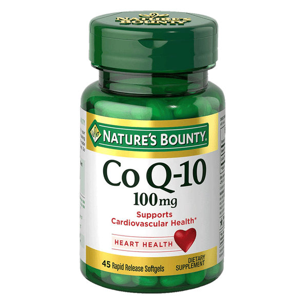 A bottle of Nature's Bounty CoQ10 100mg dietary supplement containing 45 rapid release softgels.