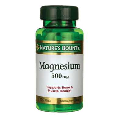 A bottle of Nature's Bounty Magnesium 500mg tablets.