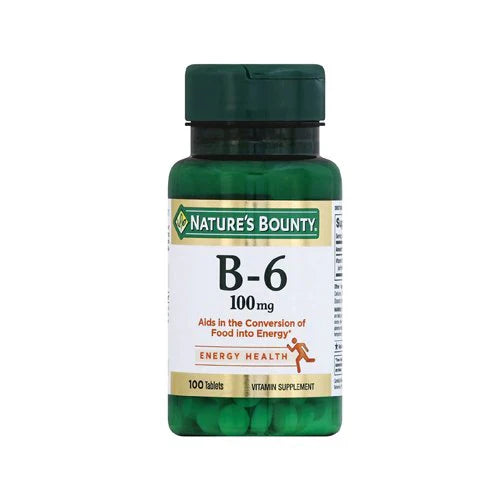 A bottle of Nature's Bounty Vitamin B-6 100mg with 100 tablets, predominantly green and white packaging.