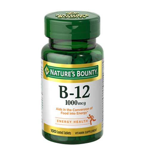 A bottle of Nature's Bounty Vitamin B12 1000mcg with 100 tablets. The label is green and white, with text detailing the product's purpose and contents.
