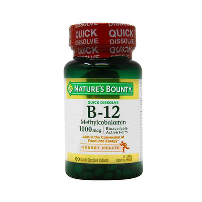 A bottle of Nature's Bounty Vitamin B12 Methylcobalamin 1000mcg with quick dissolve tablets. The label indicates it supports energy health and has 60 tablets.